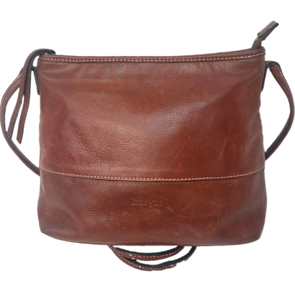 Margot New York Genuine Leather Crossbody Bag Burgundy Brown Zip Top